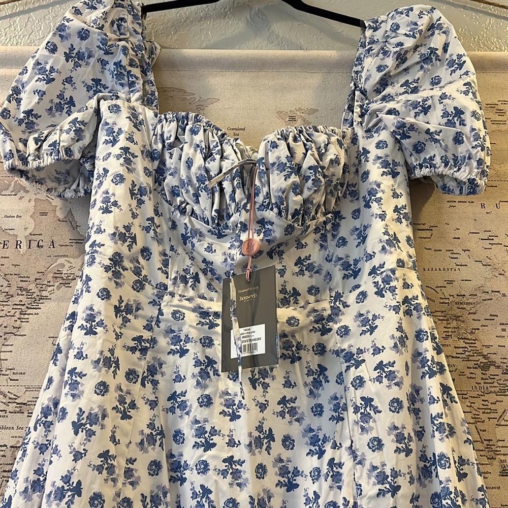 House of CB ‘Tallulah’ Blue & White Floral Puff Sleeve Bustier Dress NWOT - Picture 13 of 13
